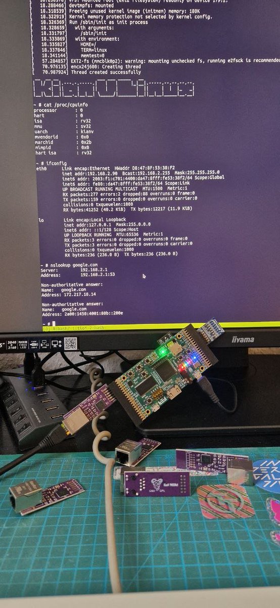 Very nice! I've received the ethernet PMODs I developed myself, and they seem to be working well. Thanks to @JLCPCB for making dreams achievable. @logicDestroyer #RISCV #kianV #Linux #Soc  #enc24j600