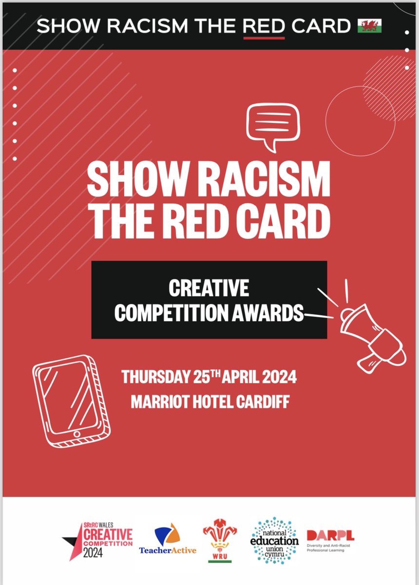 Not long until our Creative Competition Awards 2024 at @CardiffMarriott. Looking forward to celebrating the creativity of the pupils. Huge thanks to @NEUCymru, @cardiffmet, @DARPLwales, @WelshRugbyUnion & @teacheractive for sponsoring. #ShowRacismtheRedCard 🔴 #SRtRCComp24