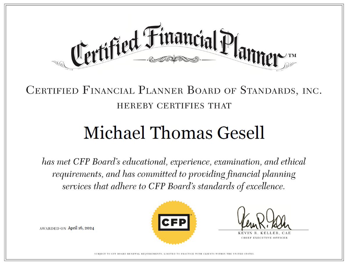 Thank you to everyone who helped me along this lengthy journey. The CFP designation is important to our clients and I feel honored to officially hold the marks. 

#CertifiedFinancialPlanner #MorganStanley