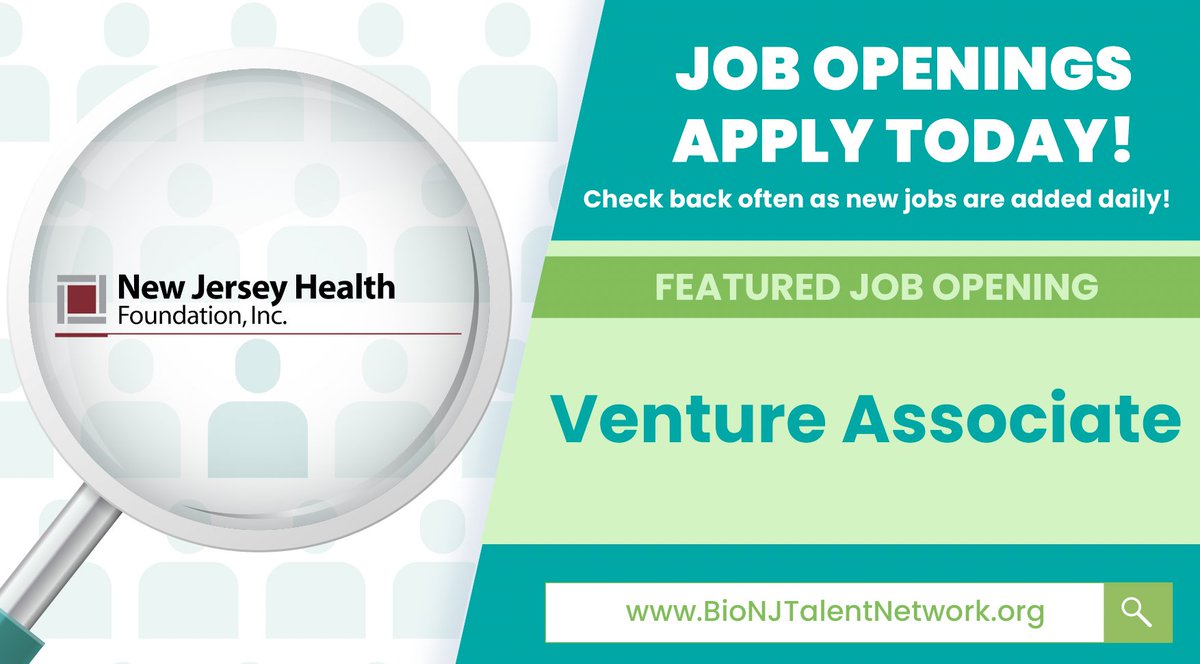 JOB ALERT: NJ Health Foundation is #hiring a Venture Associate! Visit #BioNJ’s Career Portal and #apply today! Check back often as new jobs are posted daily. #NJJobs #career #resume #lifesciencejobs #jobalert #njjobs ow.ly/19IC50Rln7m