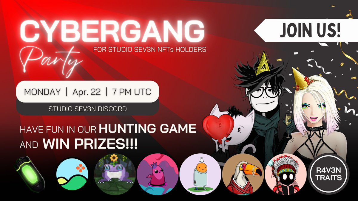 Party time!!! 🥳🥳🥳 Today at 7pm UTC in our Studio SEV3N discord we will be hunting for prizes, just like we always do on Mondays. Join us! 🤗💕 In the pool of today's prizes we have NFTs by @AlgoKnitter @PurDoodles @CrazyGooseFlock @TucanTribe @WizardsofAlgo and @Project_R4V3N…
