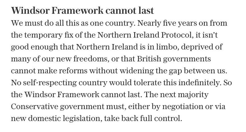 @Jacobbe79601492 @DavidGHFrost @RobertJenrick David Frost also says the “Windsor Framework Cannot Last” so the UK must “take back full control” of Northern Ireland