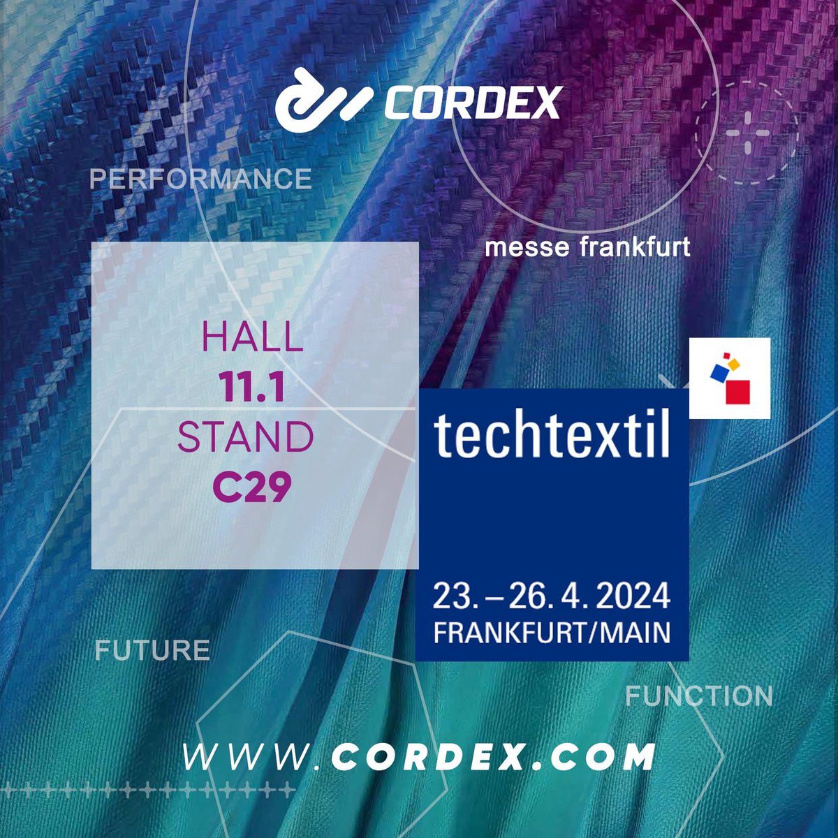 cordexofficial's tweet photo. 𝐓𝐞𝐜𝐡𝐭𝐞𝐱𝐭𝐢𝐥 𝟮𝟬𝟮𝟰 🇩🇪
We look forward to seeing you at the Techtextil exhibition in Frankfurt from April 23rd to 26th, Hall 11.1 Stand - C29 📍
#Techtextil #Texhtextil2024
#Cordex #WithCordex #One4All https://t.co/KpaV16j1mZ