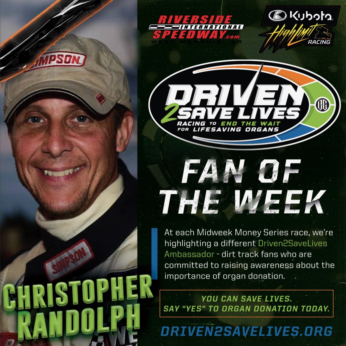 Meet Christopher Randolph — this week’s @Driven2Save Fan of the Week: 'I was sick for years with an autoimmune disease that attacked my liver. I suffered with that disease for 20 years. I got to the point that I needed a liver transplant. In February of 2022, I received a living