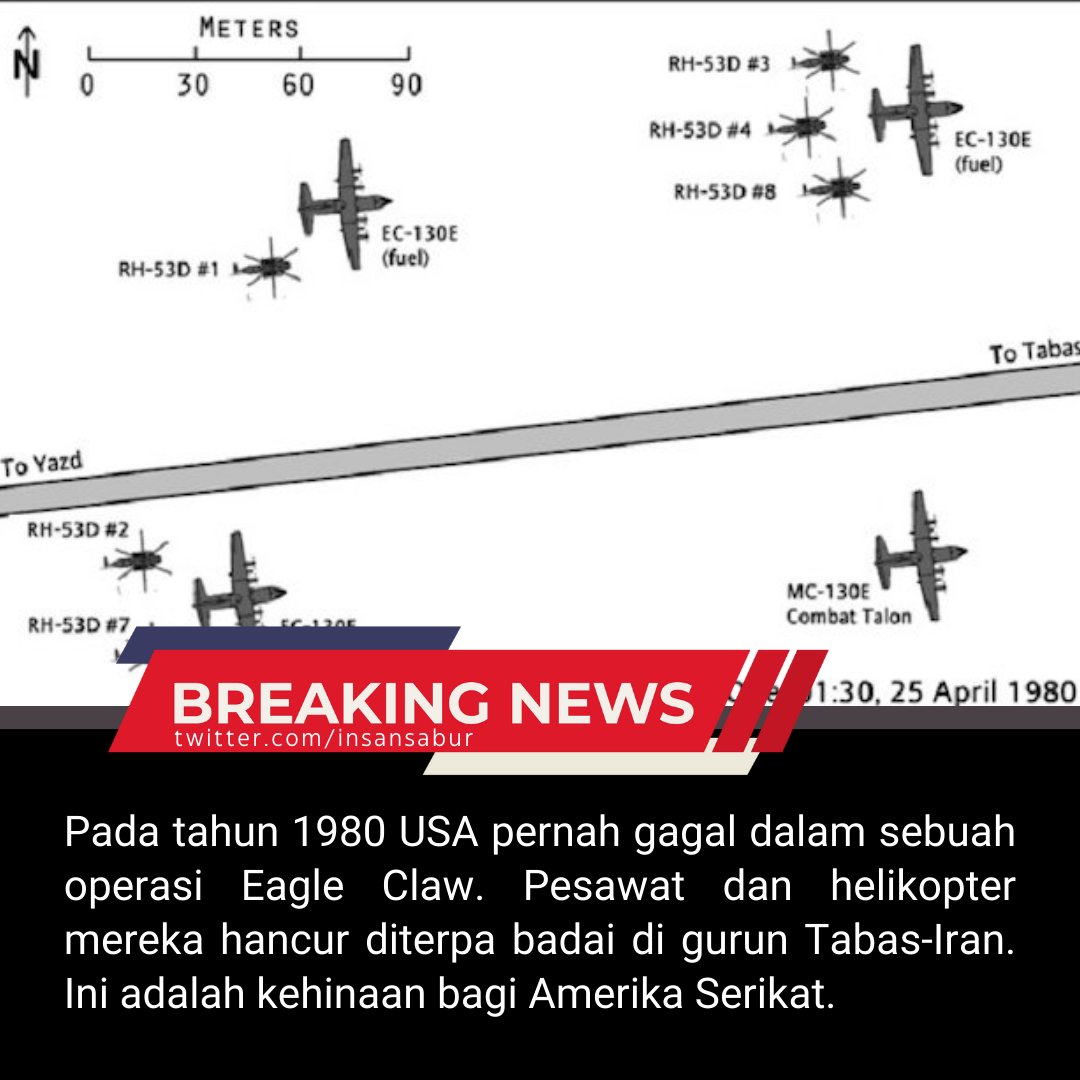 Pada tahun 1980 USA pernah gagal dalam sebuah operasi Eagle Claw. Pesawat dan helikopter mereka hancur diterpa badai di gurun Tabas-Iran. Ini adalah kehinaan bagi Amerika Serikat. USA #SetanBesarKalah