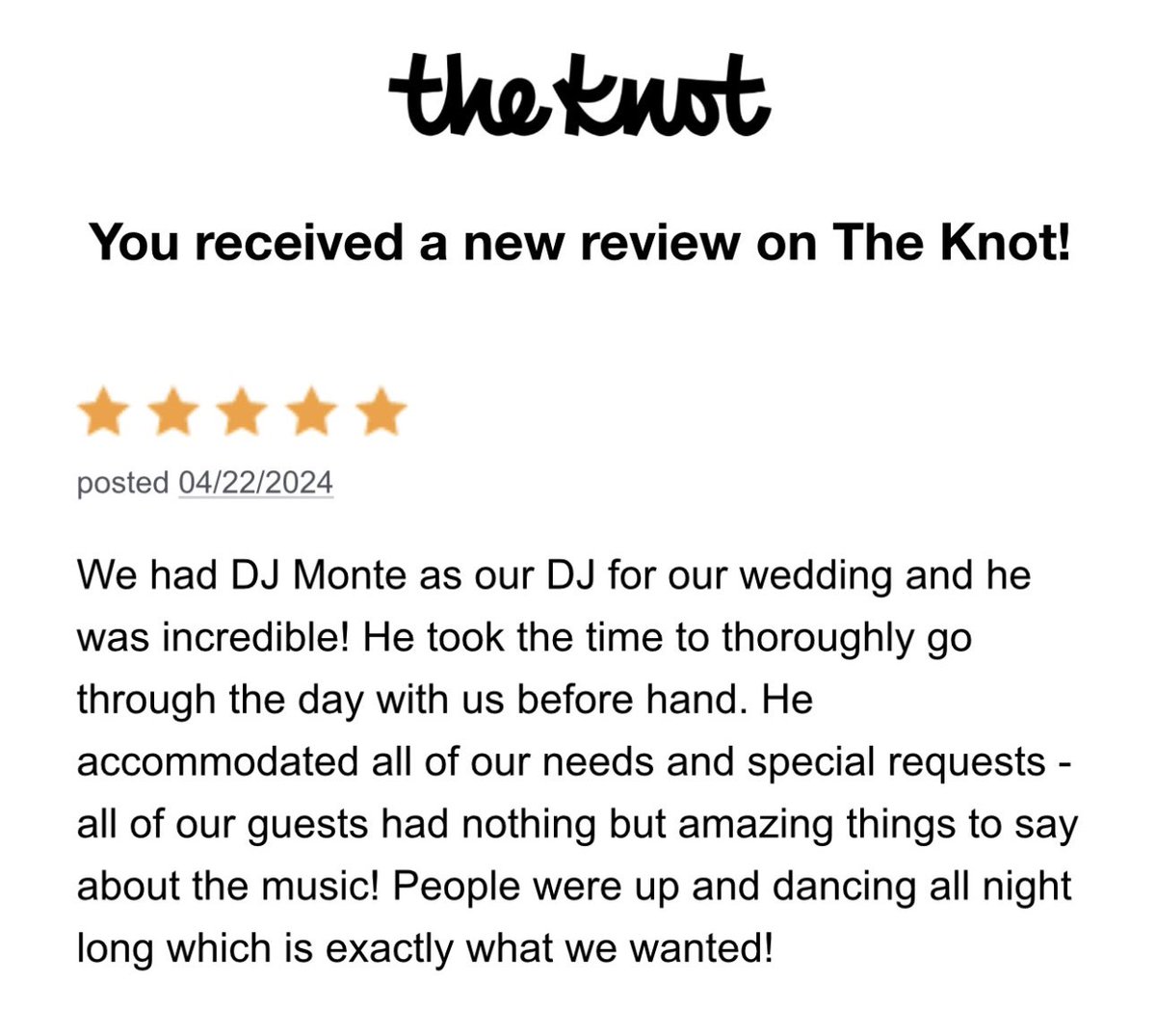 It means the world to me when bride and groom’s take the time to share their wedding experience us.

Here’s another great review just in on @theknot 

Big shoutout to Alex & Erica!! Congratulations!! 
😁👏👏👏

#riweddingdj #riweddingdjs #rhodeisland #rhodeislanddj #theknot
