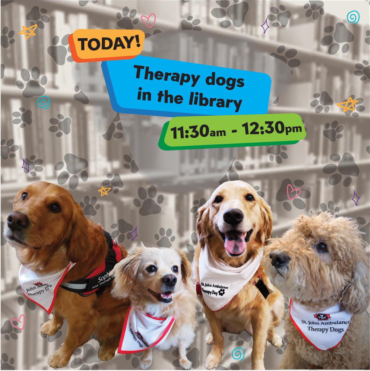 Reward yourself after exams with the last 🐕🐶visit of the semester📆.  Stop by the Abbotsford #UFVLibrary from 11:30-12:30 and pet the @SJA_BCYT #TherapyDogs 🐶 Missed them? They will return Monday, May 6th.