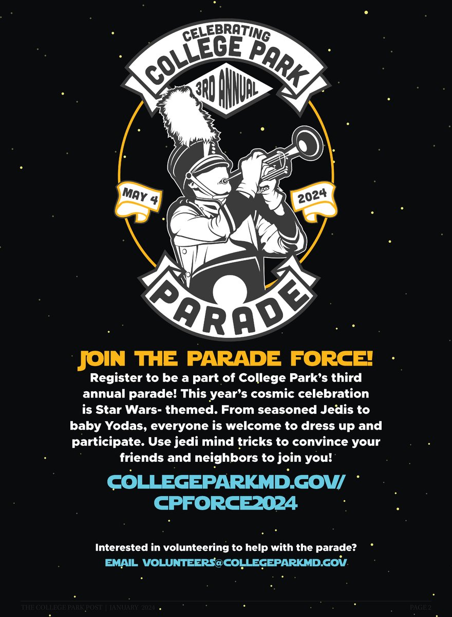 Final call for Parade participants!  If your group, organization, business, etc. wants to participate in the City's third annual parade on May 4, all applications must be submitted by this Friday, April 26!

Apply at collegeparkmd.gov/paradeentries2….