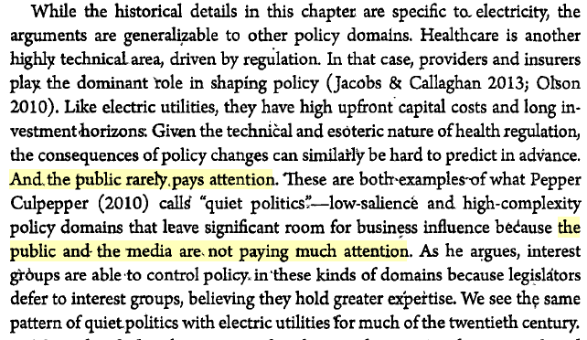 This kind of language is quite common but it's really not reasonable to describe the public as 'not paying attention' to issues that, by the author's admission, are 'technical and esoteric' with 'hard to predict' consequences for policy