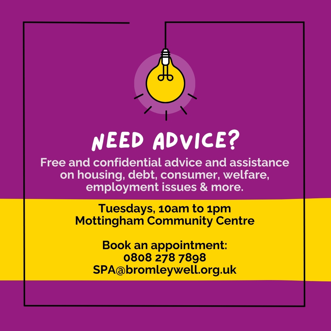 Need free and confidential advice?💡@BromleyWell @CAB_Bromley are at Mottingham Community Centre tomorrow (and every Tuesday!) - Pre-booking only: SPA@bromleywell.org.uk 💙
