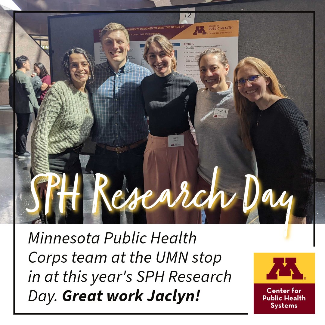 Congratulations to Jaclyn Frank from the Minnesota Public Health Corps team at UMN on your Master's Thesis presentation at this year's SPH research day - The Association Between Health Department Jurisdiction Type &amp; Types of Services Offered.  #publichealth #publichealthmajor