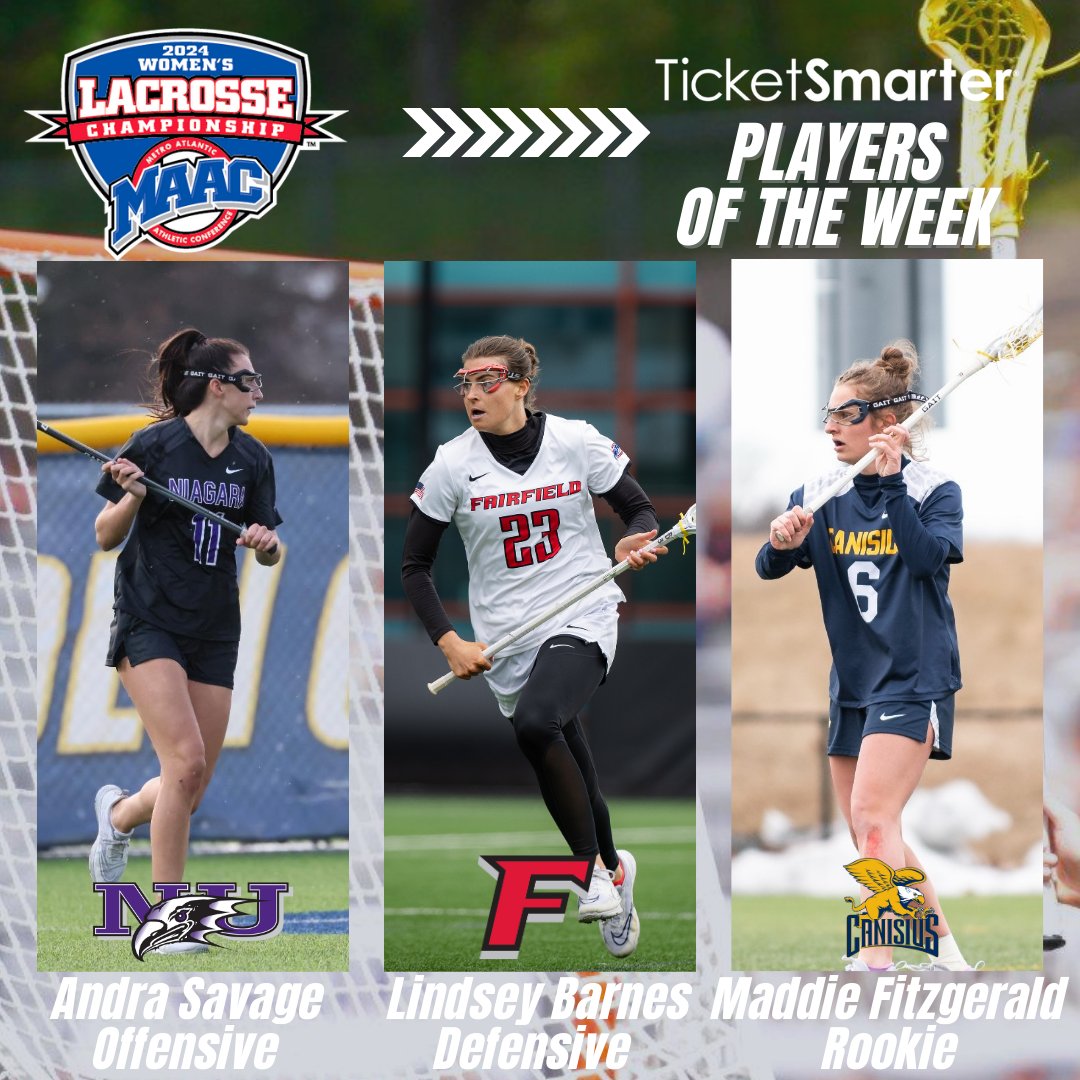 Congratulations to this week's <a href="/TicketSmarter/">TicketSmarter</a> MAAC Women's Lacrosse weekly award winners!        

Offensive: Andra Savage, <a href="/NiagaraWLAX/">Niagara Women's Lax</a>
Defensive: Lindsey Barnes, <a href="/StagsWomensLax/">Fairfield Women’s Lacrosse</a>
Rookie: Maddie Fitzgerald, <a href="/CanisiusWLAX/">Canisius Women's Lacrosse</a>

📰: bit.ly/449SEj3

#MAACSports x #MAACLAX