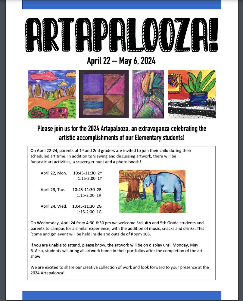 ISDakar's tweet photo. From April 22nd-24th, parents of 1st to 5th graders are invited to join their child during their scheduled art time for our Artapalooza event. There will be artwork viewings &amp; discussions, activities, a scavenger hunt, music, snacks, and a photo booth! #ISDakar #Artapalooza https://t.co/I15Urd0HdT