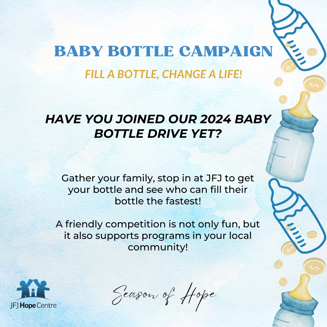 We want to challenge you to gather your family and friends to see who can fill their baby bottle first.  Imagine the work that can be done when we do it together! Contact our office or visit us at jfjhopecentre.ca/baby-bottle-ca….
#support #babybottle #hope #fundraiser #JFJhopecentre