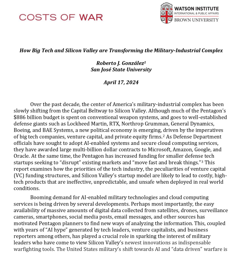 Preparing for war by algorithms: 'Over the past decade, America’s military-industrial complex has been rapidly expanding from the Capital Beltway to Silicon Valley' 
watson.brown.edu/costsofwar/pap…
Link: watson.brown.edu/costsofwar/fil…