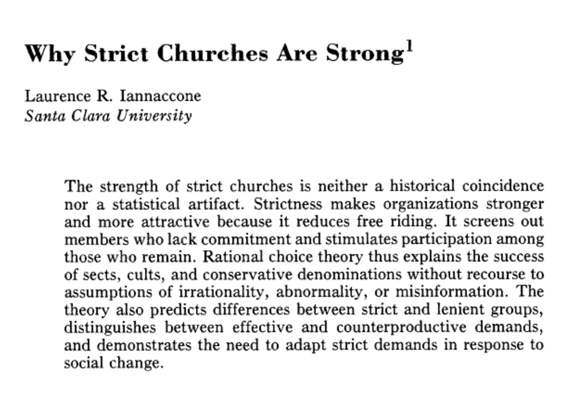 I talked to @seanilling about one of my favorite theories—'Everything Is a 'Cult' Nowadays'—and how Iannoccone's Why Strict Churches Are Strong paper helps to explain the popularity of nutty ideas online, since extreme views often work to unite groups of true believers who feel