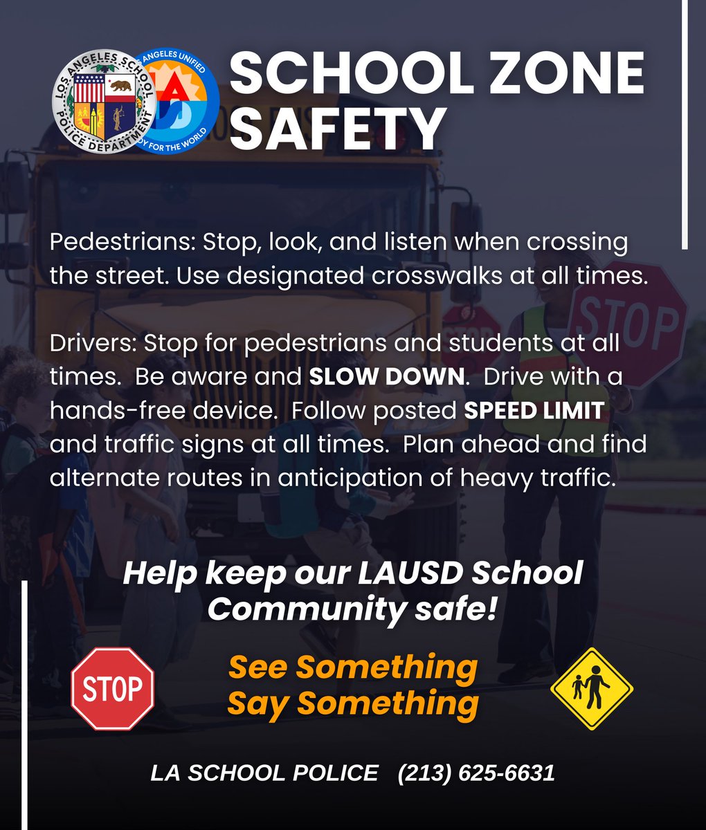 LA School Police
🚨(213) 625-6631

#LASPD #LAUSD #ServingTheFutureToday #SchoolZone #PedestrianSafety #TrafficSafety #SchoolSafety #LosAngeles #CommunityAlert #LAUnified #ReadyForTheWorld #ServingTheFutureToday