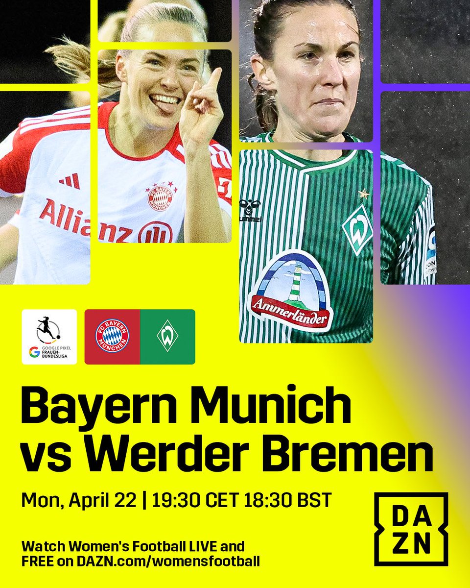 ↗️ Bayern want to put again 7 points between them and 2nd place Wolfsburg, while Bremen dream of ending their recent winless spell. Watch live for free ▶️ bit.ly/DAZNWFootball Available in selected territories. #DieLiga #NewDealforWomensFootball