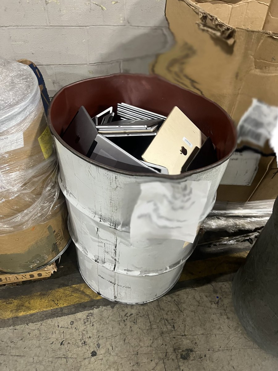 Hey, it's EARTH DAY! Let's celebrate by throwing perfectly good iPads across the warehouse and see if we can get them in the barrel! And then let's grind them up into dust because that's RECYCLING, and RECYCLING IS GREAT, right??? #earthday #righttoreuse