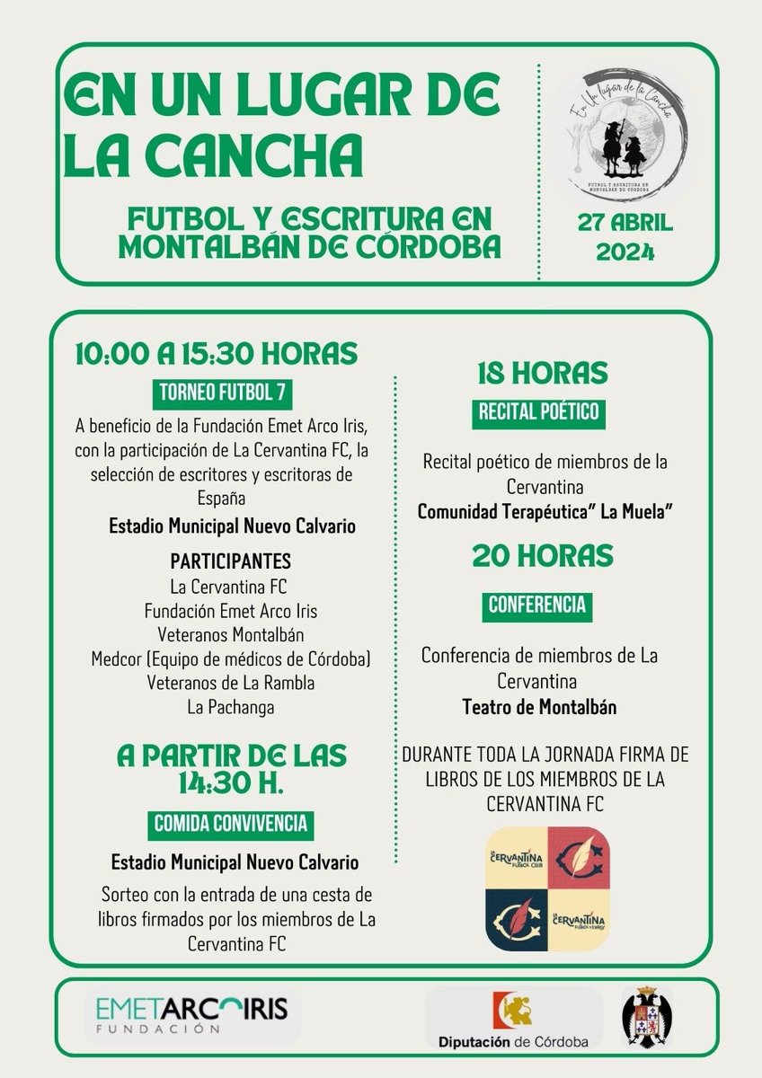 Después del Clásico, llega @lacervantinafc a Montalbán (Córdoba)  con @fundacionEMET . Con @CBerasateguiV @antonioagredano @estoesunajena @pgcasado @Juanlopezic @FermindelaCalle  y Álex Grijelmo, y las aportaciones estelares de @ManuelMarsol Juan María Prieto y @tonicruzgon