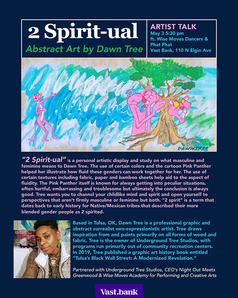 Local artist Dawn Tree's series "2 Spirit- ual" will debut at our downtown HQ on May 3. Tree will discuss the series during an artist talk May 3 from 5:30-7pm. This performance will include curated music and an auction of Tree’s original artworks.

 hubs.ly/Q02tFwDs0