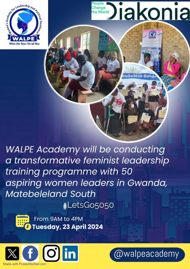 Tomorrow, @WalpeAcademy will be conducting a Transformative Feminist Leadership training with 50 aspiring women leaders in Gwanda Matebeleland South
#LetsGo5050 @DiakoniaAfrica @NLinZimbabwe @OpenSociety @trocaire @MVerwijk @SiphoMalunga @IDRC_CRDI @euinzim @vonKirchmannEU