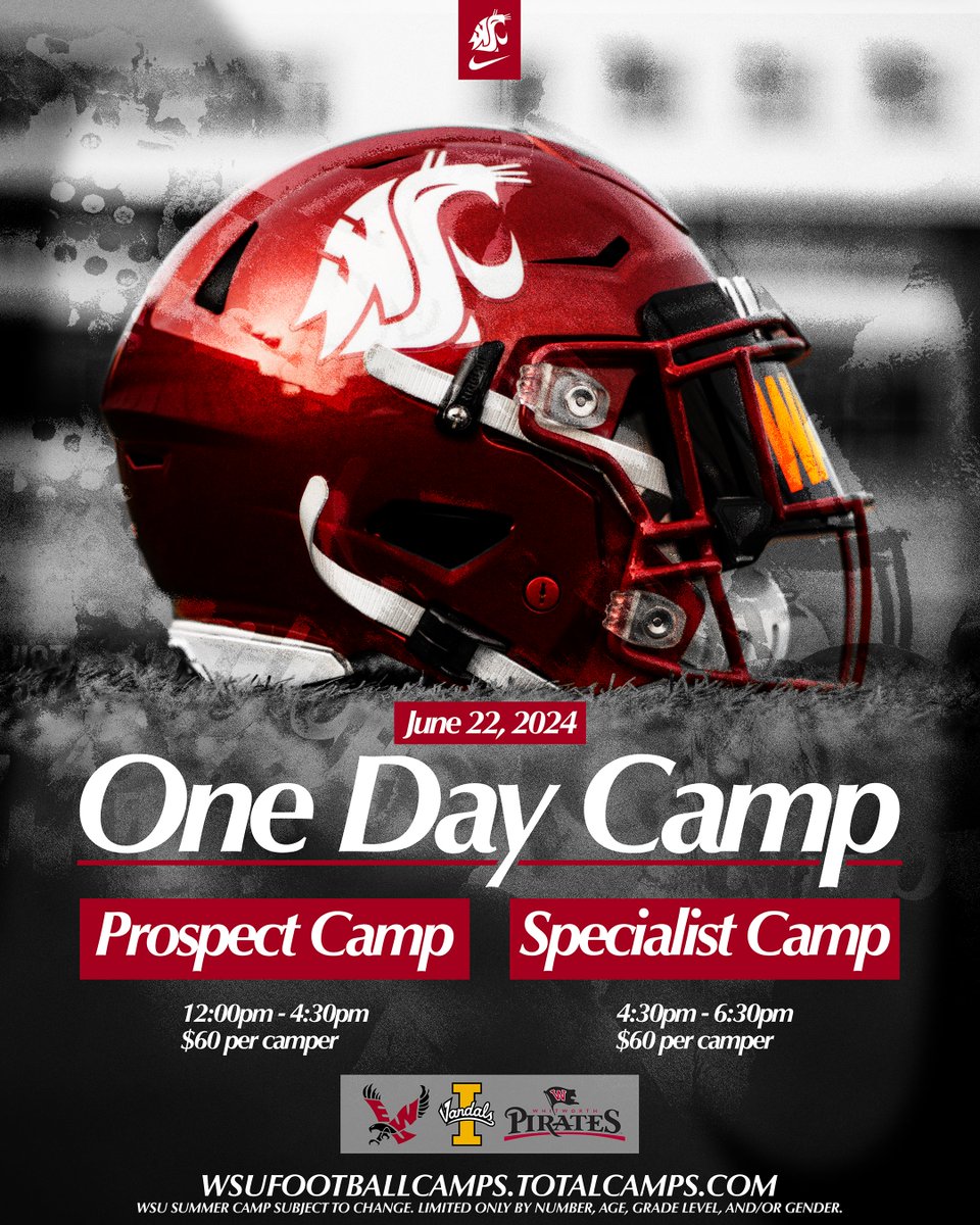 🚨2 MONTHS AWAY🚨. Excited to announce 3 PALOUSE area programs that will be joining us at camp. Great opportunity to learn from and compete in front of some great coaches. @VandalFootball @EWUFootball @WhitworthFB #GOCOUGS #GETLOOSEONTHEPALOUSE