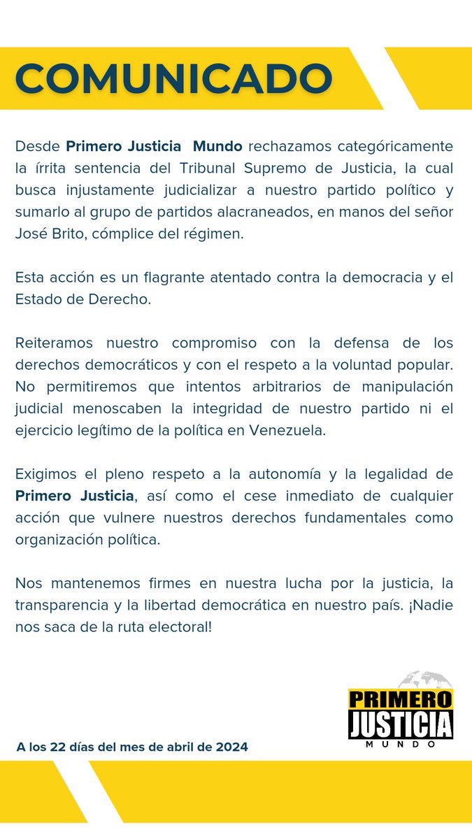 ¡No nos doblegarán! @Pr1meroJusticia es una sola, al servicio de Venezuela y la Unidad. Vamos a ganar el #28Jul con Edmundo González Urrutia (@EdmundoGU) ¡Unidad y Voto!