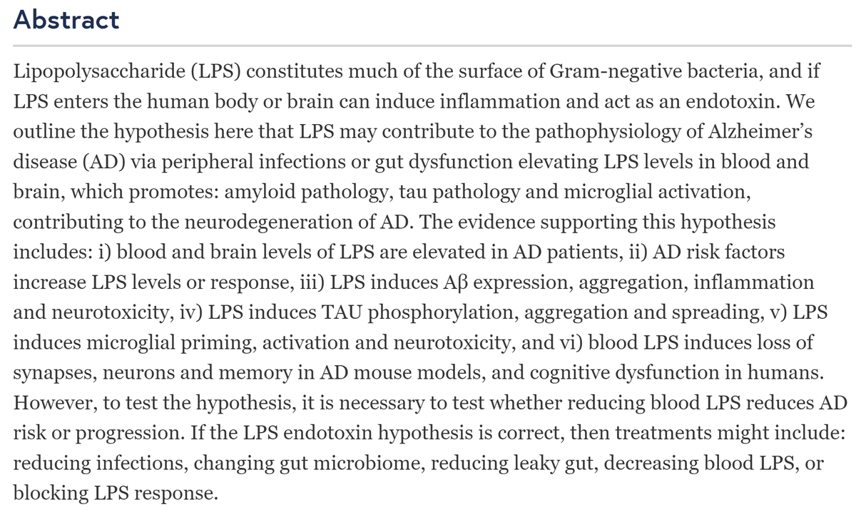 Links between #MECFS and the mechanisms of Alzheimer's are not new but with the endotoxin hypothesis gaining steam we are starting to see some clear potential treatment directions. 

'If the LPS endotoxin hypothesis [of Alzheimer's] is correct, then treatments might include: