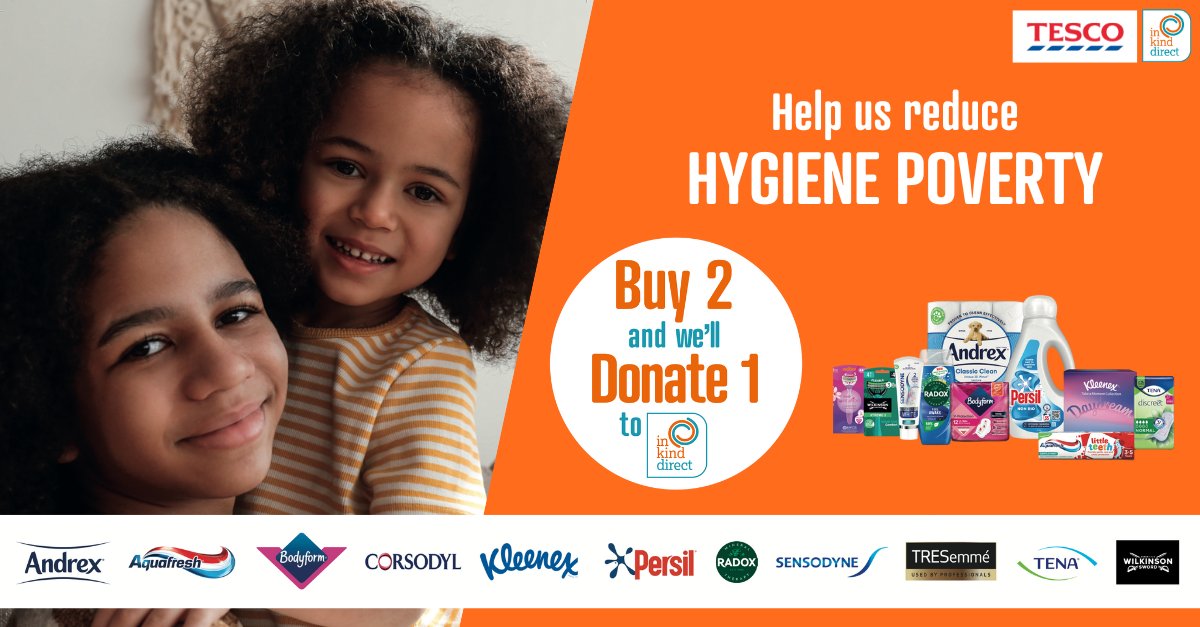 We’re proud to support the In Kind Direct hygiene poverty campaign, now live in Tesco stores across the UK . The 'Buy 2 Donate 1' initiative enables shoppers to donate much-needed hygiene products to those in need. #HygienePovertyIsNotAChoice #IKD #Tesco #Essity #Bodyform #TENA