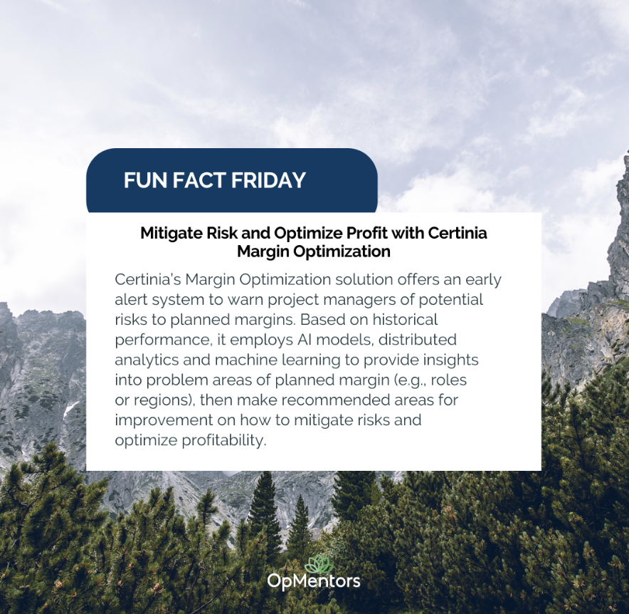 OpMentors's tweet photo. Maximize profitability with @CertiniaInc Margin Optimization! 📈 Fine-tune project costs, plan contingencies, and boost your margins for sustainable growth. #Certinia #BusinessGrowth 🌟 https://t.co/NgAjueDEOk