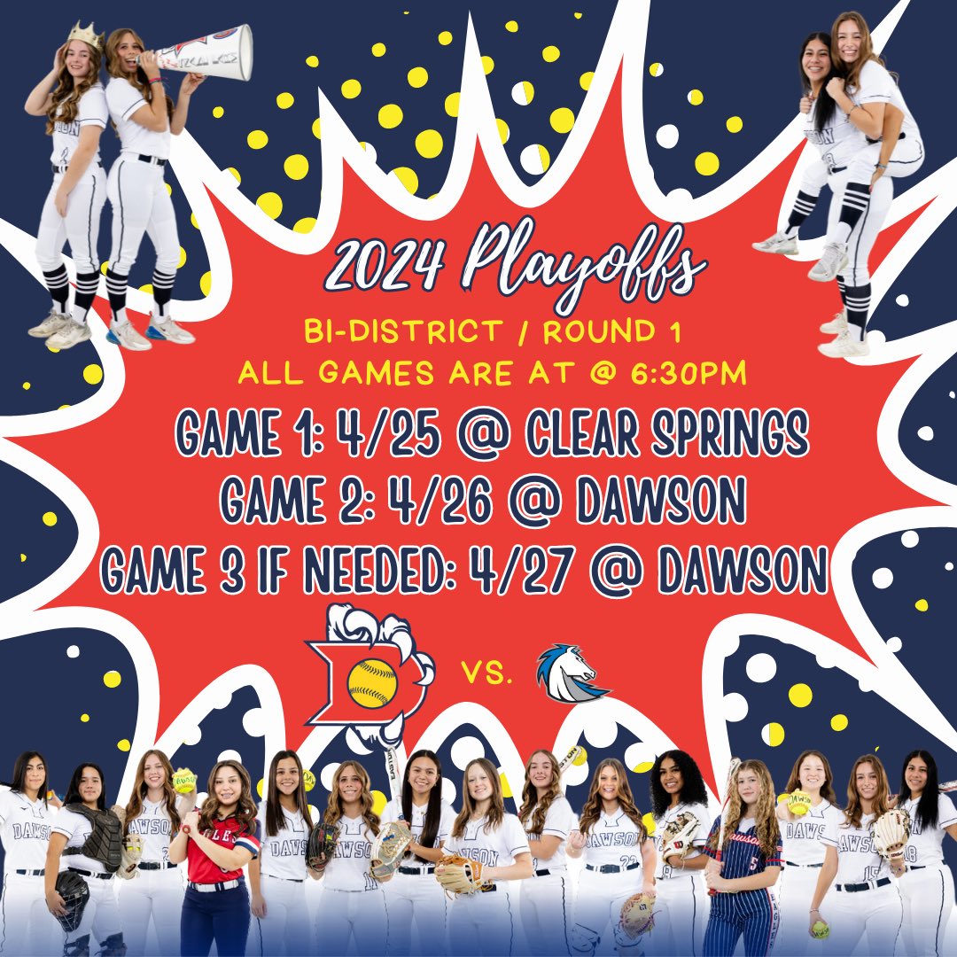 dawson_eaglesSB's tweet photo. Round 1 Playoff Information 

🆚 @SpringsSoftball 

All games are at 6:30pm

Game 1: at Clear Springs 
Game 2: HOME 💙
Game 3, if needed: HOME 💙

#itsbetterhere #FUNdamentals #someflyweSOAR #FAMILY #Playoffs2024 @DawsonHighSchl @DawsonSection https://t.co/PKKM1pIq5b
