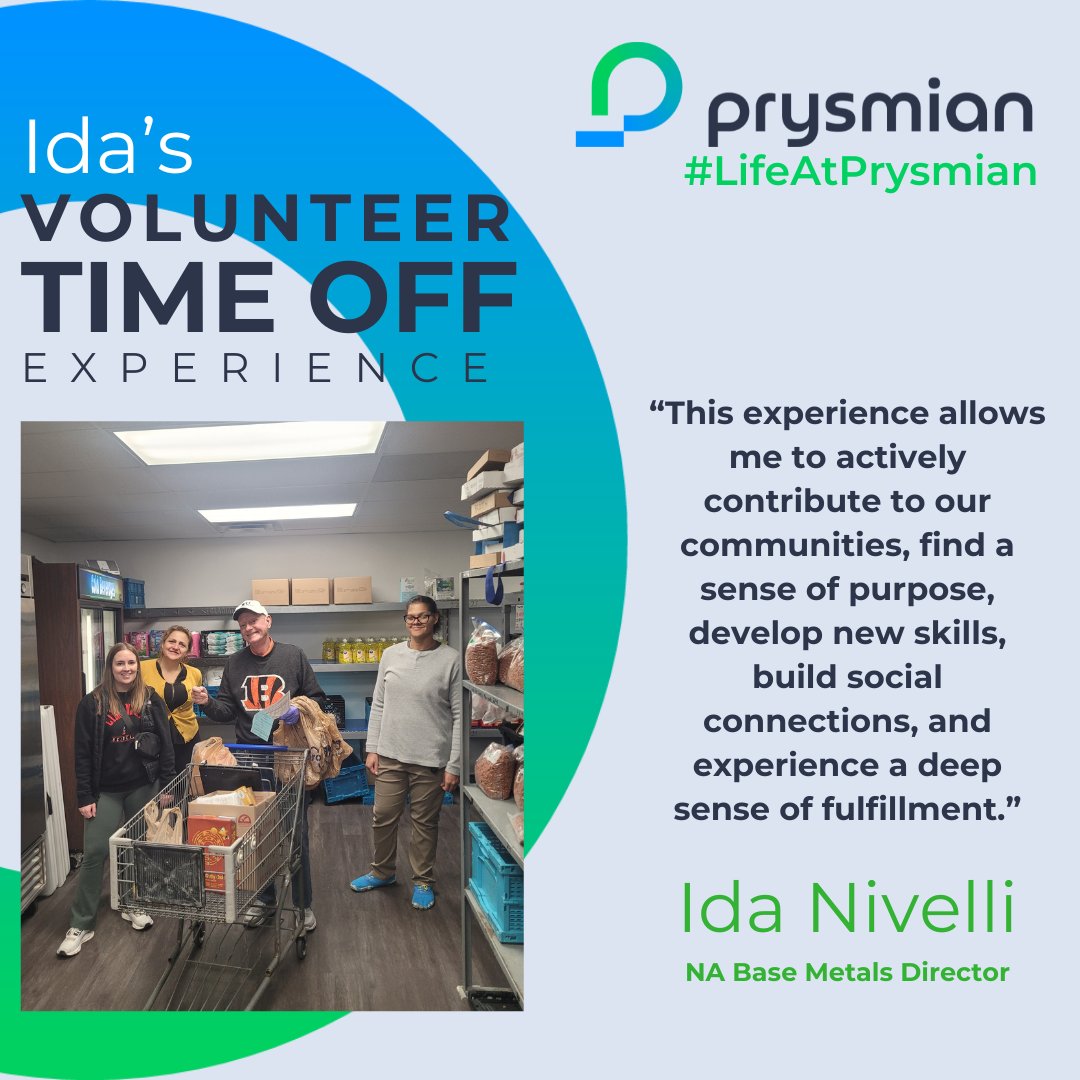 At Prysmian, we are proud of our people and the communities we serve. Our employees use paid volunteer time off (VTO) to participate in charitable work that supports, serves, or enriches their community. Ida Nivelli, NA Base Metals Director, uses her VTO hours to volunteer at…