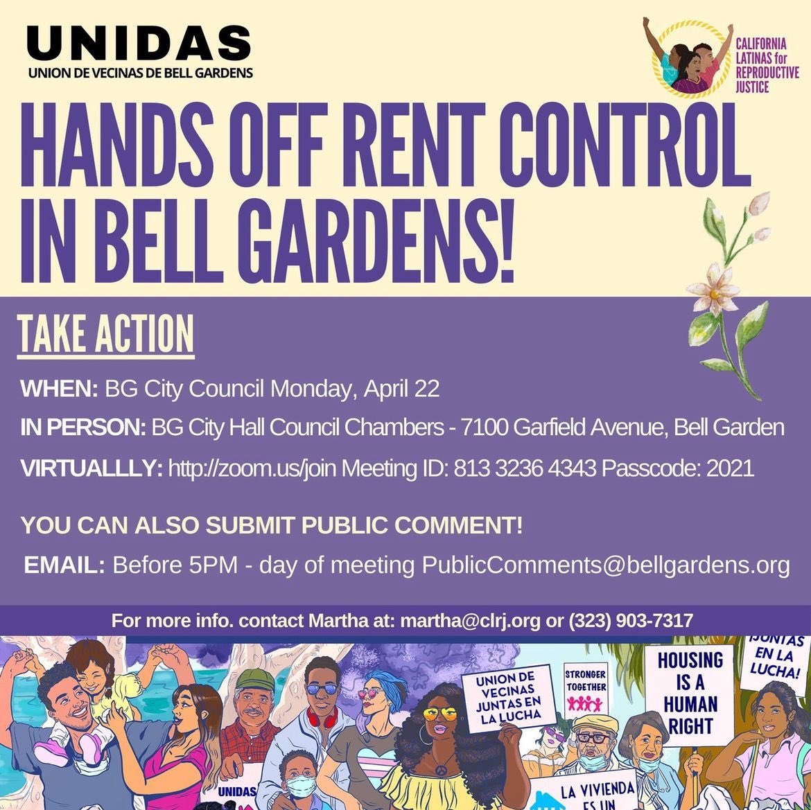 🚨ACTION ALERT!🚨 Rent increases hurt our communities. 📣 Submit your support by 5pm today PublicComments@bellgardens.org 📣 Attend today at 6pm via zoom: zoom.us/join Meeting ID: 813 3236 4343 Code:2021 in person: BG City Hall Council Chambers - 7100 Garfield Ave.