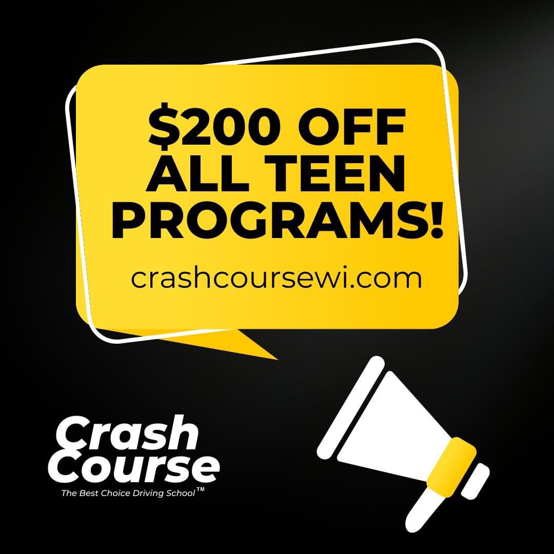 🚨 FLASH SALE ALERT 🚨 $200 OFF ALL TEEN DRIVING PROGRAMS! 😱 Sign up NOW at crashcoursewi.com #driversed #driverslicense #drivingschool #drivinglessons #salesalesale #flashsale