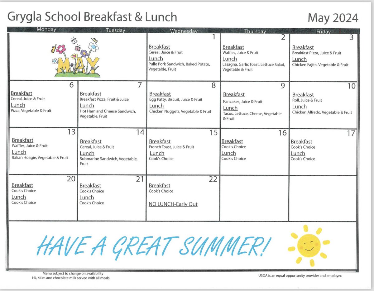 GryglaSchool's tweet photo. May Breakfast and Lunch Menu. https://t.co/ufQXqEGtJM