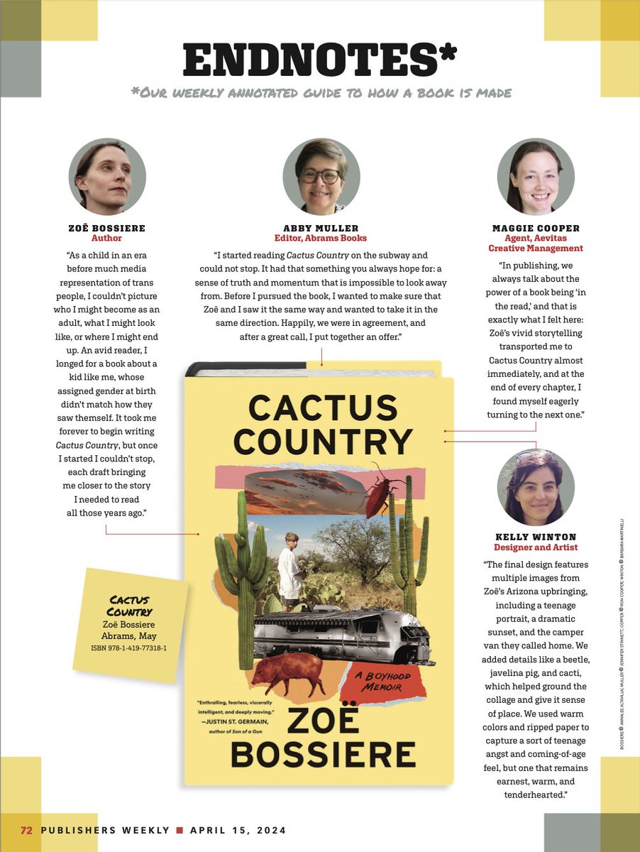 Thank you @PublishersWkly for featuring CACTUS COUNTRY in your Endnotes section! I am so grateful to my incredible @ABRAMSbooks editor @_abbymuller, agent @frecklywench, and cover designer Kelly Winton, for all of the care that made my book what it is: publishersweekly.com/pw/by-topic/in…