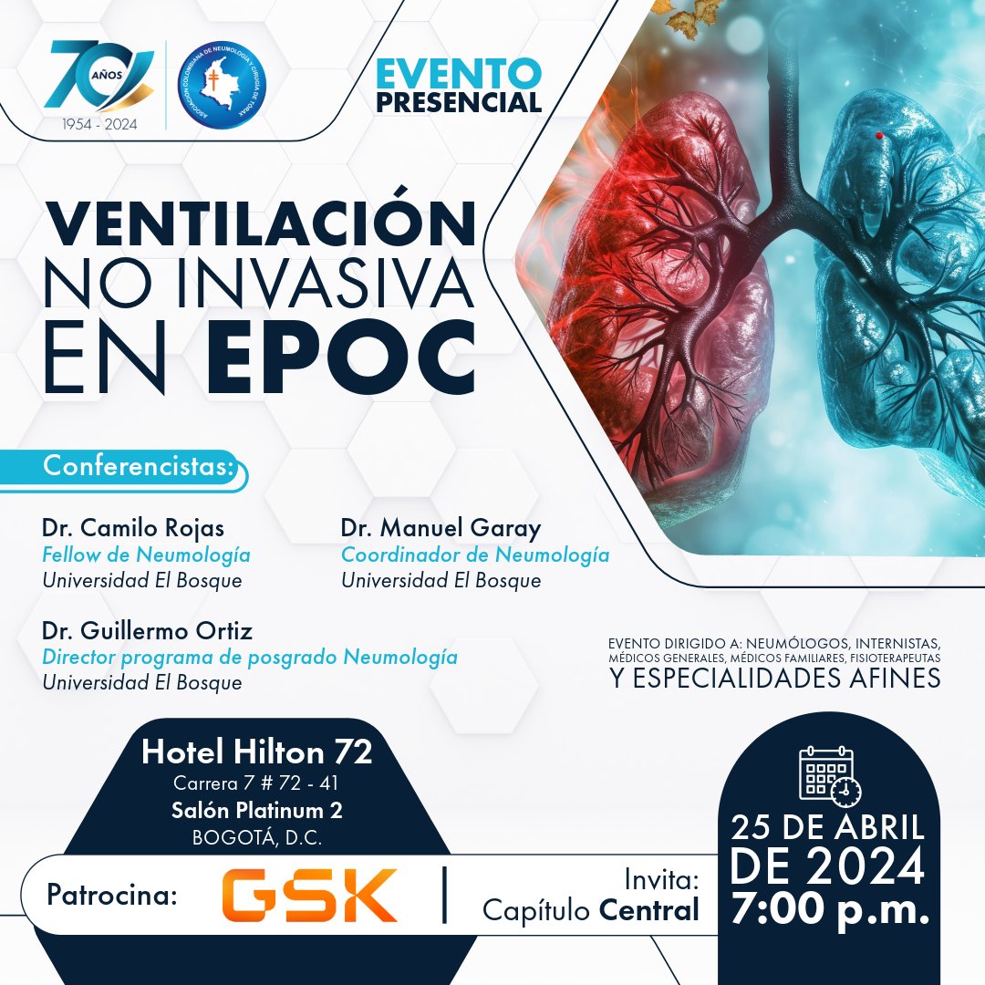 #Bogotá El Capítulo Central de nuestra asociación los invita al evento presencial: 'Ventilación no invasiva en #EPOC'. 🗓️ 25 de abril - 7 p.m. 📍 Hotel Hilton 72 ( Cra. 7 # 72-41 | Salón Platinum 2) ⚠️CUPOS LIMITADOS - Inscríbete aquí ⬇️ asoneumocito.forms.app/cap-central-ep…