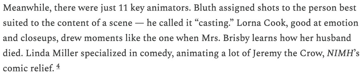 I loved NIMH as a kid, yet I know little about its production, so this was a great read. I didn't know the animators drew scenes instead of characters! Really wish more U.S. animation did this (Iron Giant almost did, but Bird had to nix that idea). twitter.com/ani_obsessive/…