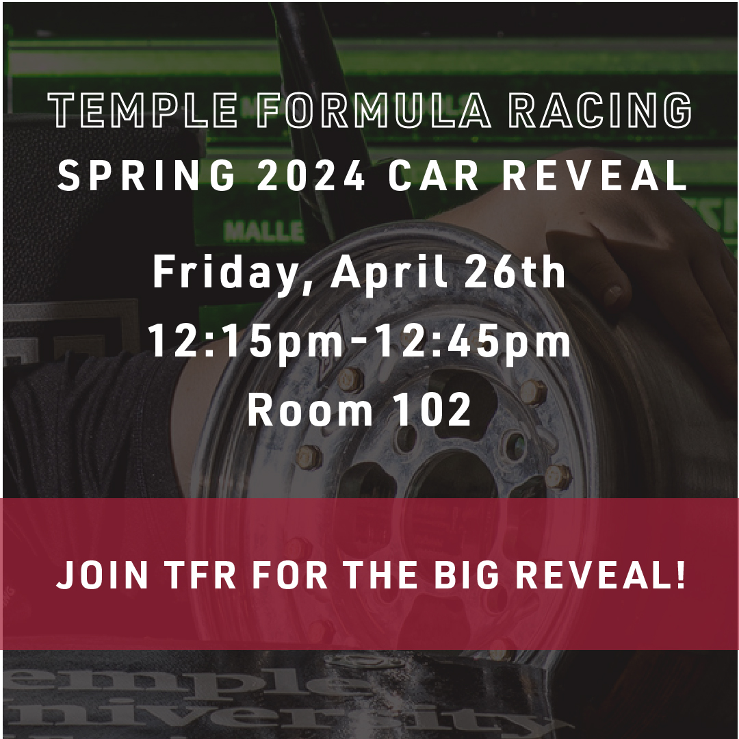 This Friday, April 26, @TUFormulaRacing will reveal their Spring 2024 car! 🏎️ Join the team in Room 102 to celebrate the culmination of their hard work this year.