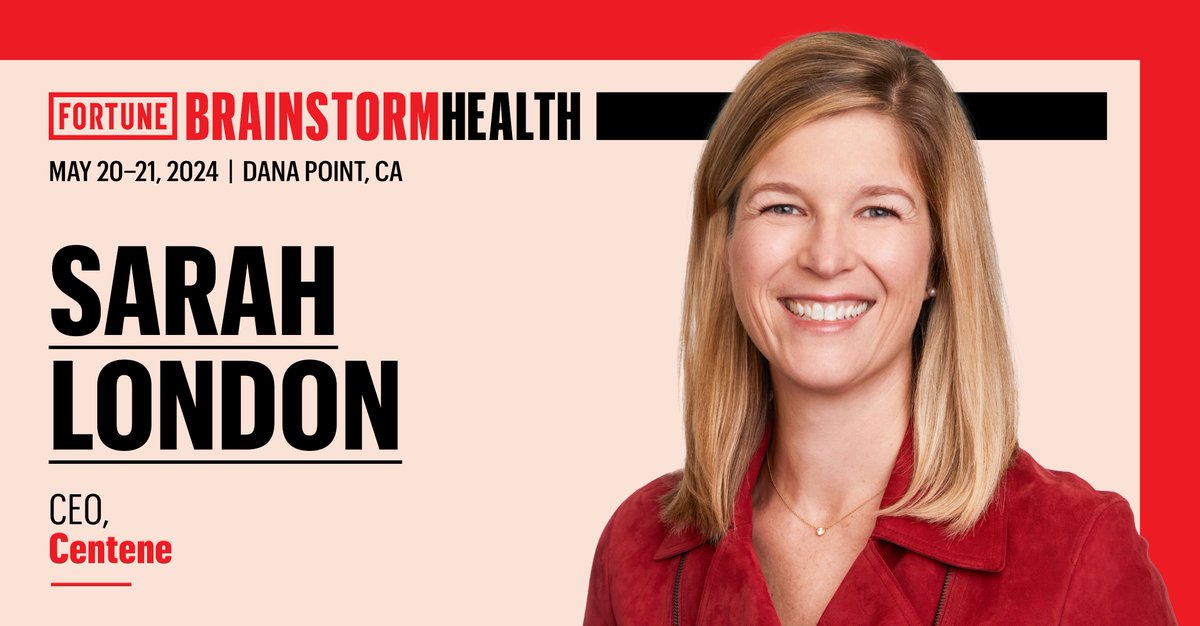 #FortuneHealth is excited to welcome Sarah London, CEO of @Centene, to our conference May 20–21.    

See our full list of speakers here 👉 bit.ly/3Wsi6Ph