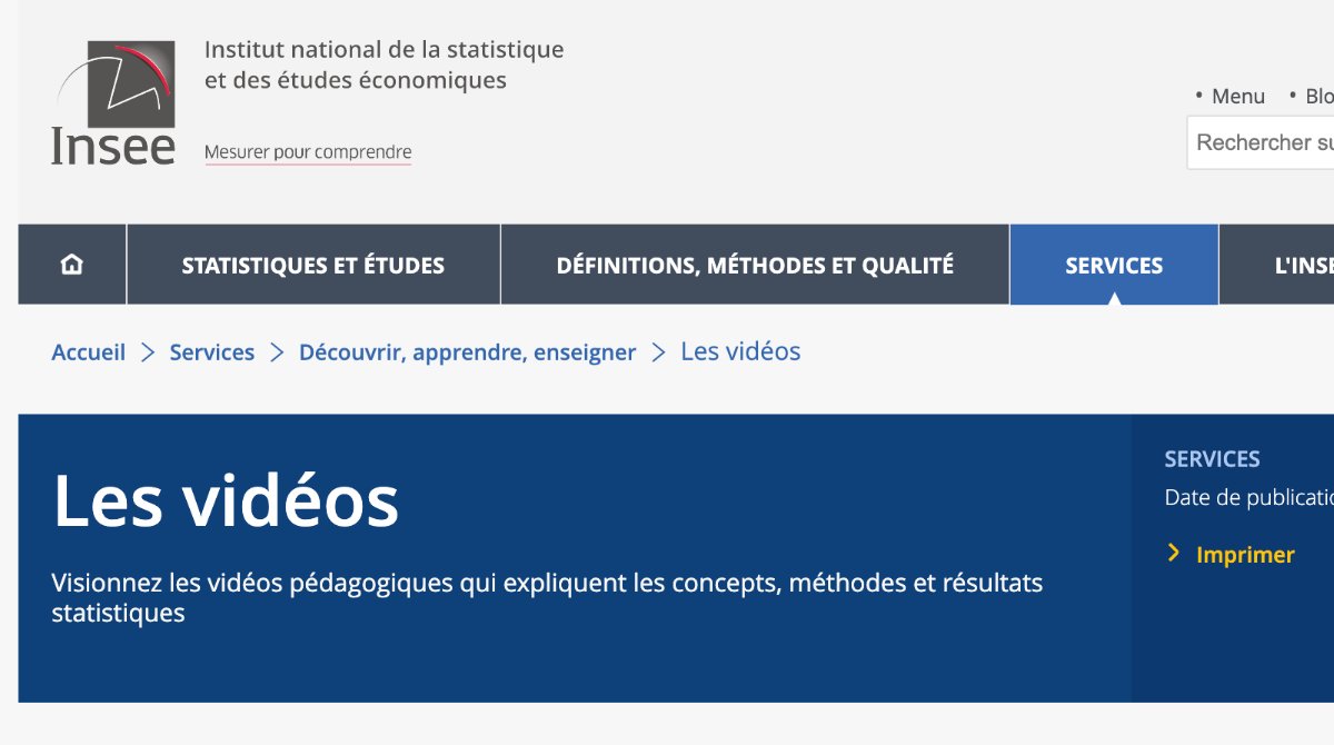 Découvrez la nouvelle rubrique de l'<a href="/InseeFr/">Insee</a> « découvrir, apprendre, enseigner ».
🔍Focus sur l'onglet vidéos pour visionner les vidéos pédagogiques qui expliquent les concepts, méthodes et résultats statistiques.
👉 insee.fr/fr/information…
