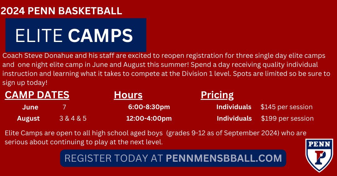 Register today! Make sure you secure your spot at one of our upcoming Elite Camps 🏀🏀 #Whānau #FightOnPenn🔴🔵🏀