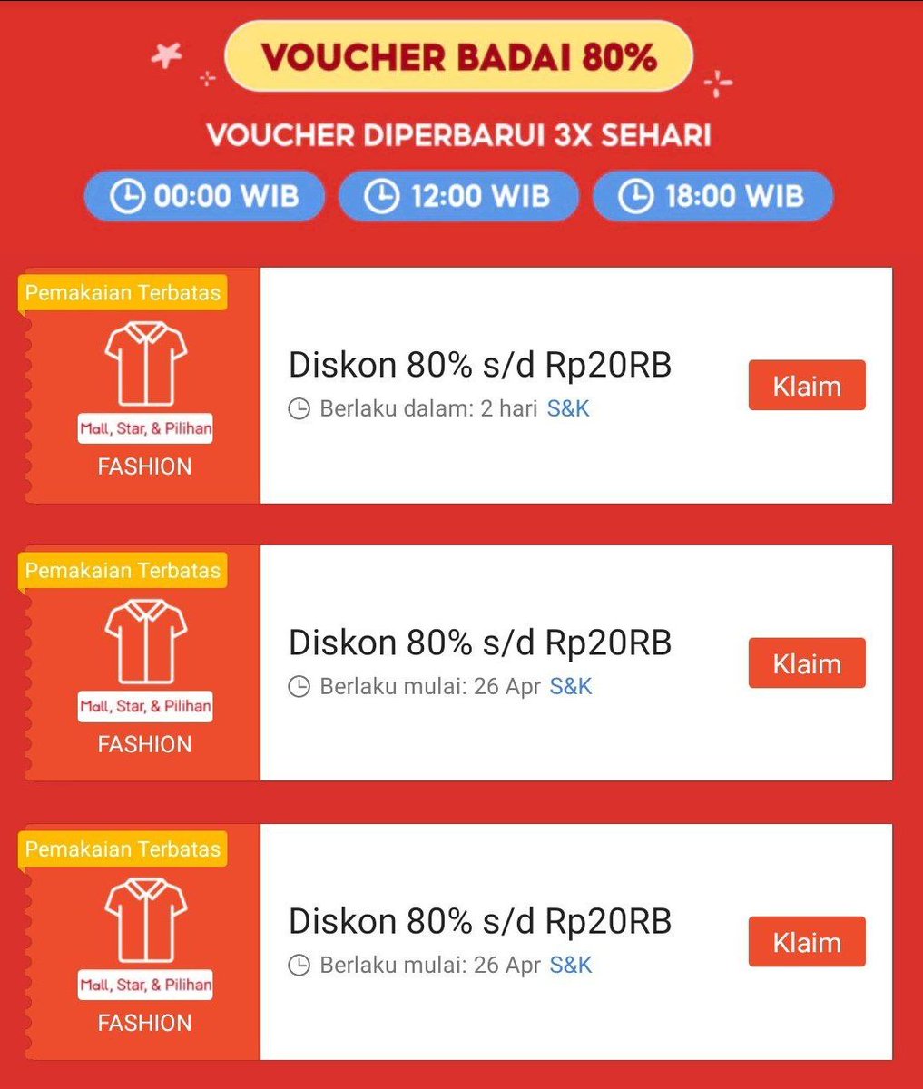 [KLAIM] Voucher Fashion Diskon 80% s/d 20k

*Min. transaksi 20k
*Berlaku mulai 26 Apr, jam 00, 12 dan 18

shope.ee/1Azpf1jVmc