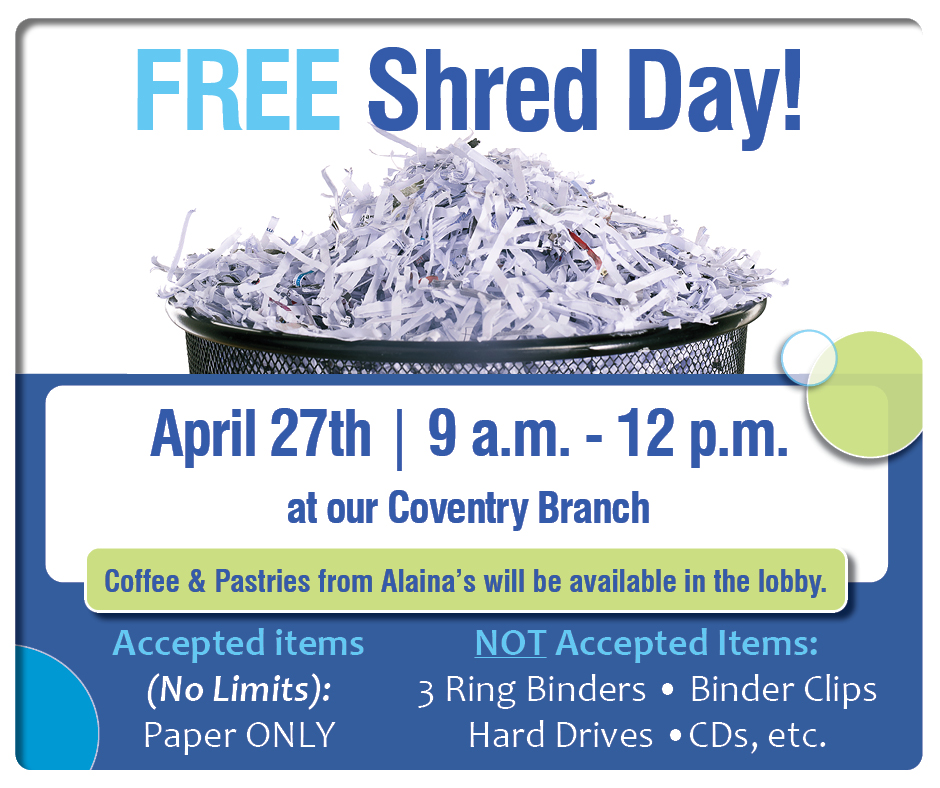 🌳 It's #EarthDay! 🌎 
Don't forget to protect your identity and make some extra room in your home by visiting our Coventry Branch THIS Saturday for a FREE Shred-It Event! 9am - 12pm.

We hope to see you there! 
westerlyccu.com/events

#JoinWCCU #CreditUnionDifference