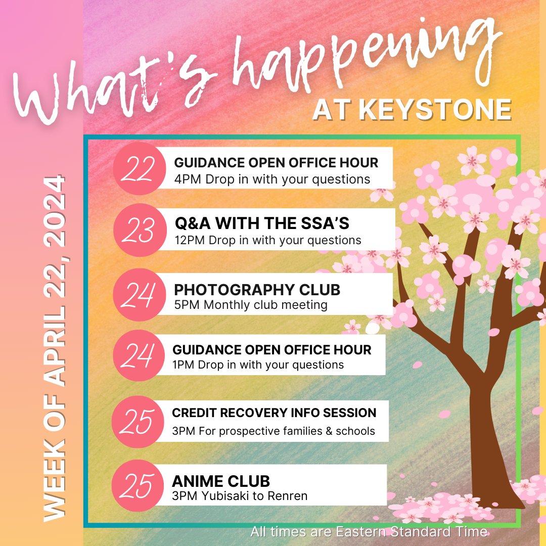 Here's what's happening this week at The Keystone School! Click here to see our entire school calendar: bit.ly/3o5ypOJ
#thekeystoneschool #onlinelearning #livewhilelearning #getinvolved #learnfromhome #extracurriculars #schoolcalendar #schoolclubs #march #spring