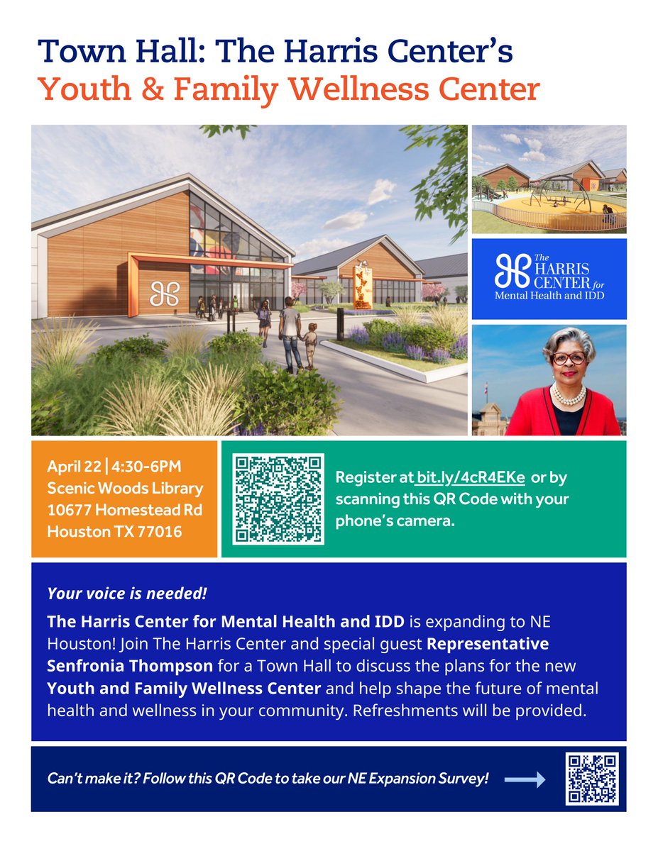 TODAY: Town Hall meeting @ Scenic Woods Library from 4-6:30PM! Join The Harris Center and special guest Representative Senfronia Thompson to discuss the plans for the new Youth and Family Wellness Center in NE Houston. Register here: bit.ly/4cR4EKe