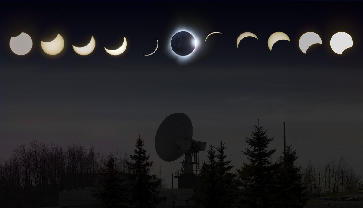 Two weeks ago, we had the pleasure of admiring a perfect piece of celestial choreography. The next total solar eclipse will sweep across western Canada in 2044. This composite image was generated by pictures taken from the CSA headquarters in Longueuil, QC. 📸: J. Pinchuk, CSA