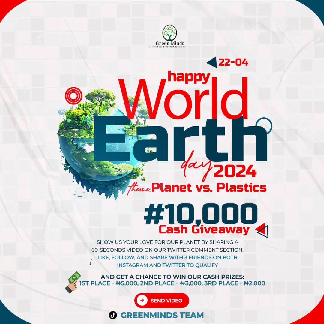 In celebration of Earth Day 2024, Greenminds will be giving out 10,000 cash giveaway to the most engaging video on planet vs plastic.

Get creative as you might be the lucky winner!

See flier for more details.

#earthday 
#EarthDay2024 
#PlanetVsPlastic