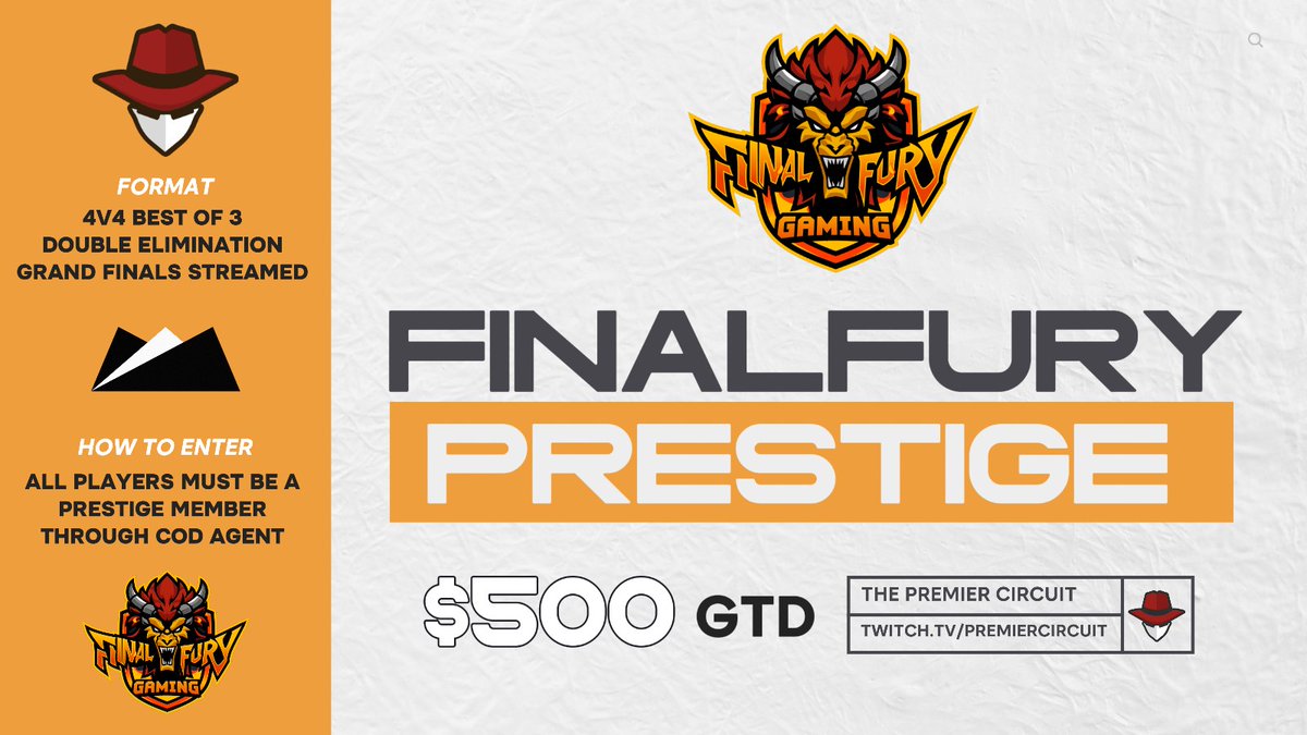🚨 @FinalFuryGaming Prestige 🚨 ⚔️ 4v4 variant Bo3 🗓️ Sunday 4.28 6PM ET 🎟️ Must have Prestige 🏆 $500 GTD 🔗 Sign up: esportsagent.gg/tournament/143… 🔋powered by: @CallofDutyAgent